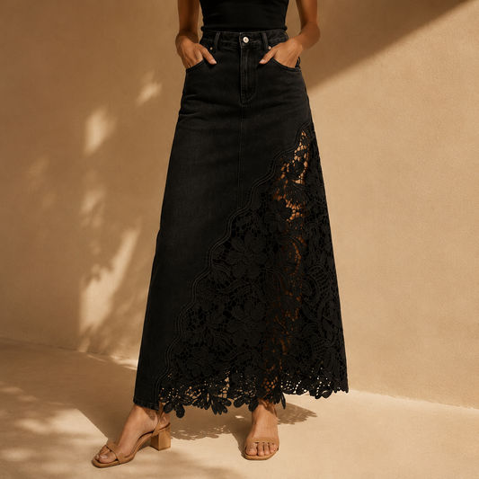 Solenne - Gonna lunga in denim con pizzo