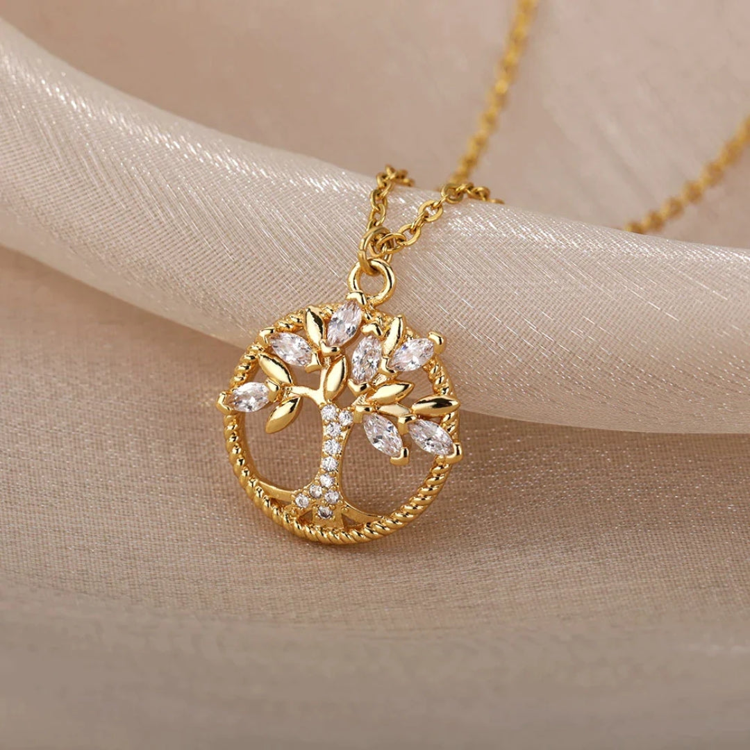 Nayara - Collana con Ciondolo dell'Albero della Vita in Oro con Cristalli