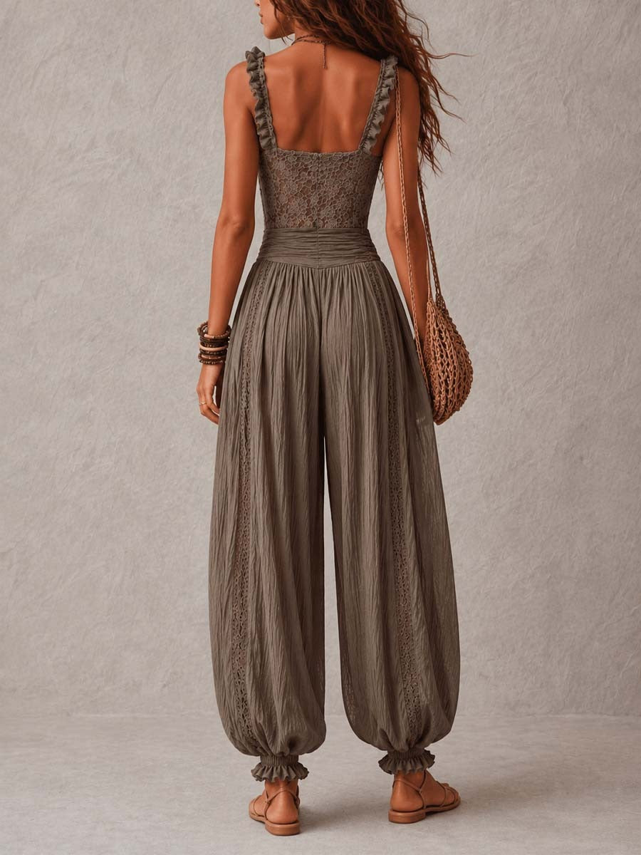 Natividad - Set di top a fascia in pizzo grigio e pantaloni harem plissettati