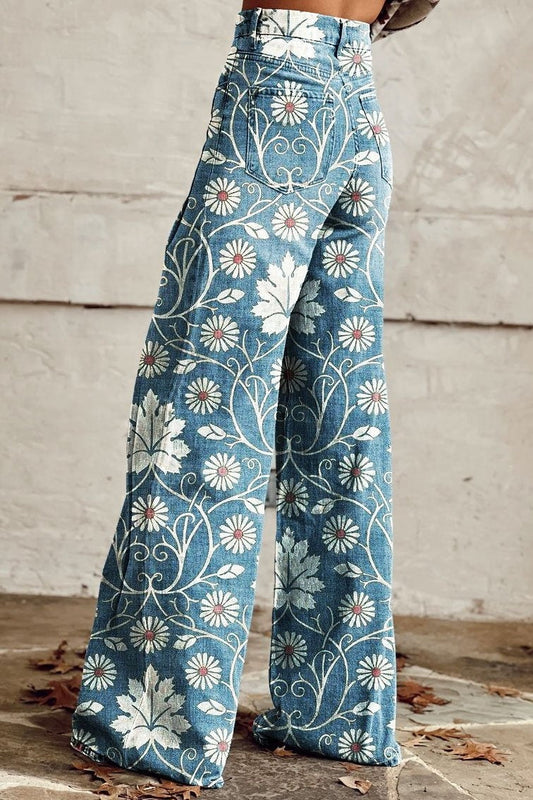 Vega - Pantaloni a Zampa con Stampa Floreale a Vita Alta