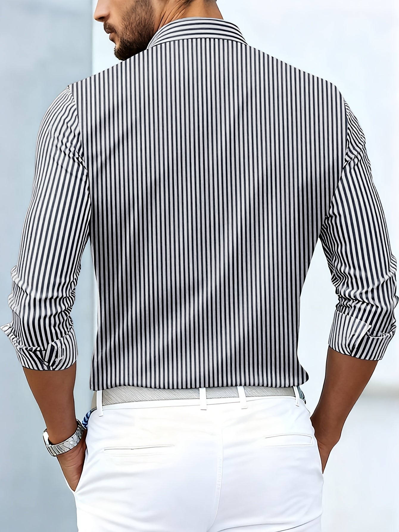 Cristian - Camicia da uomo a righe vintage con maniche lunghe