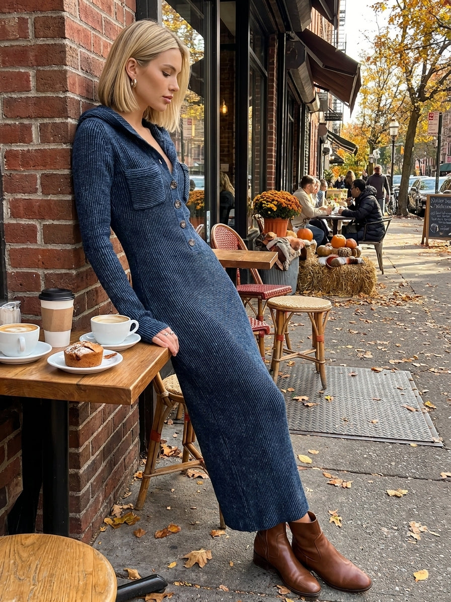 Abito lungo in maglia aderente con cappuccio da donna