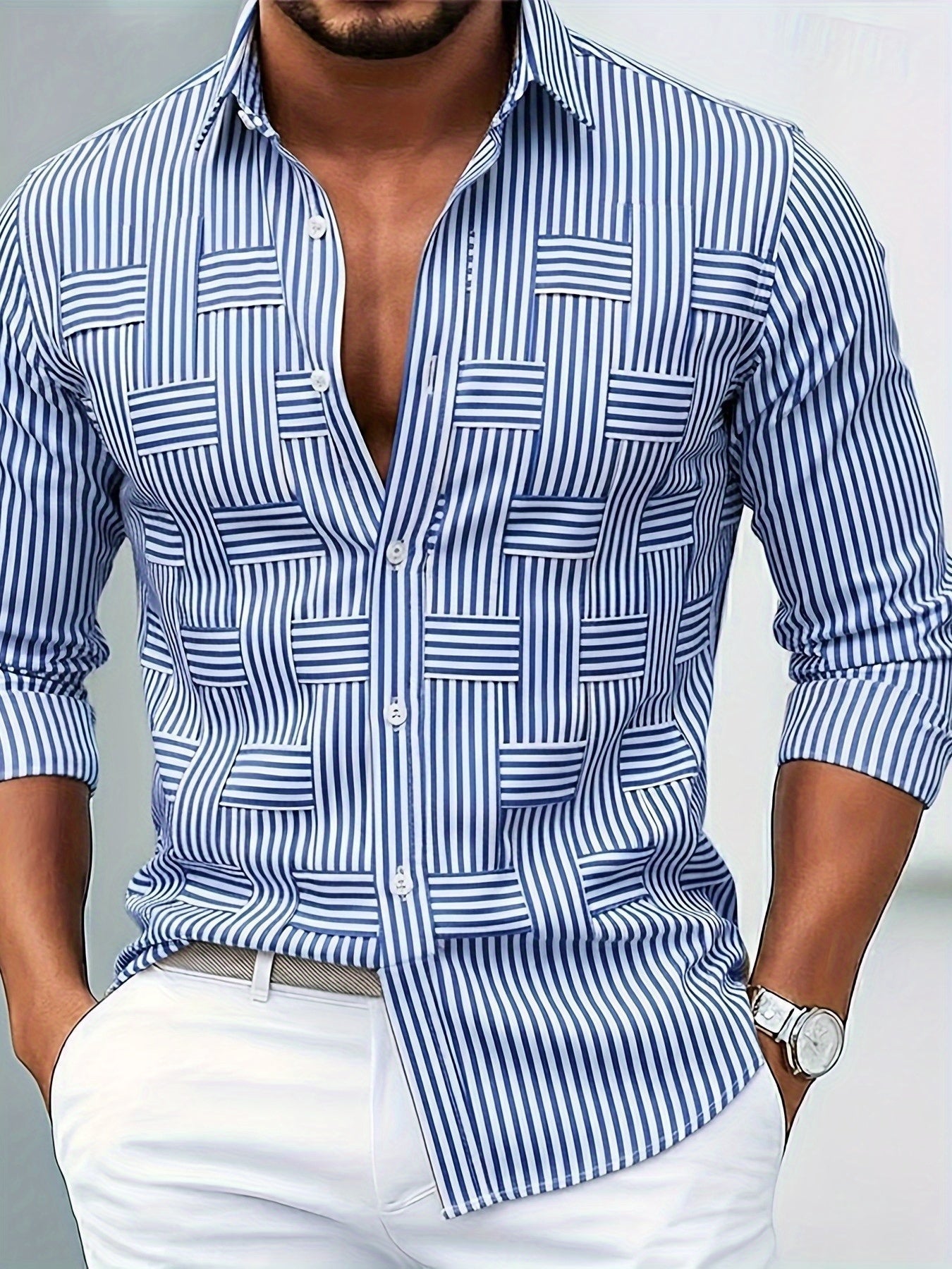 Cristian - Camicia da uomo a righe vintage con maniche lunghe