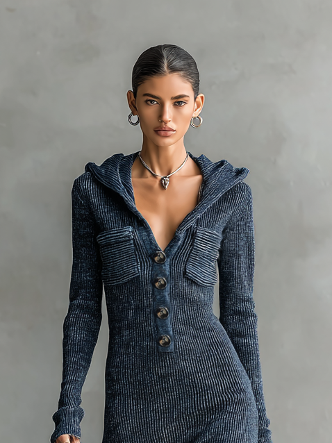 Abito lungo in maglia aderente con cappuccio da donna