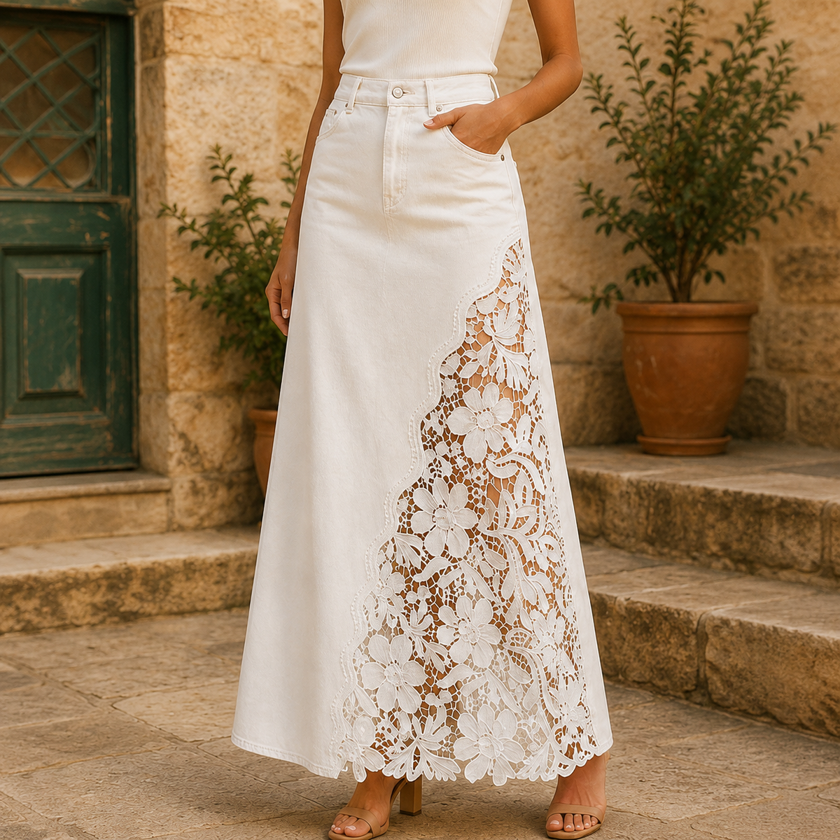Solenne - Gonna lunga in denim con pizzo