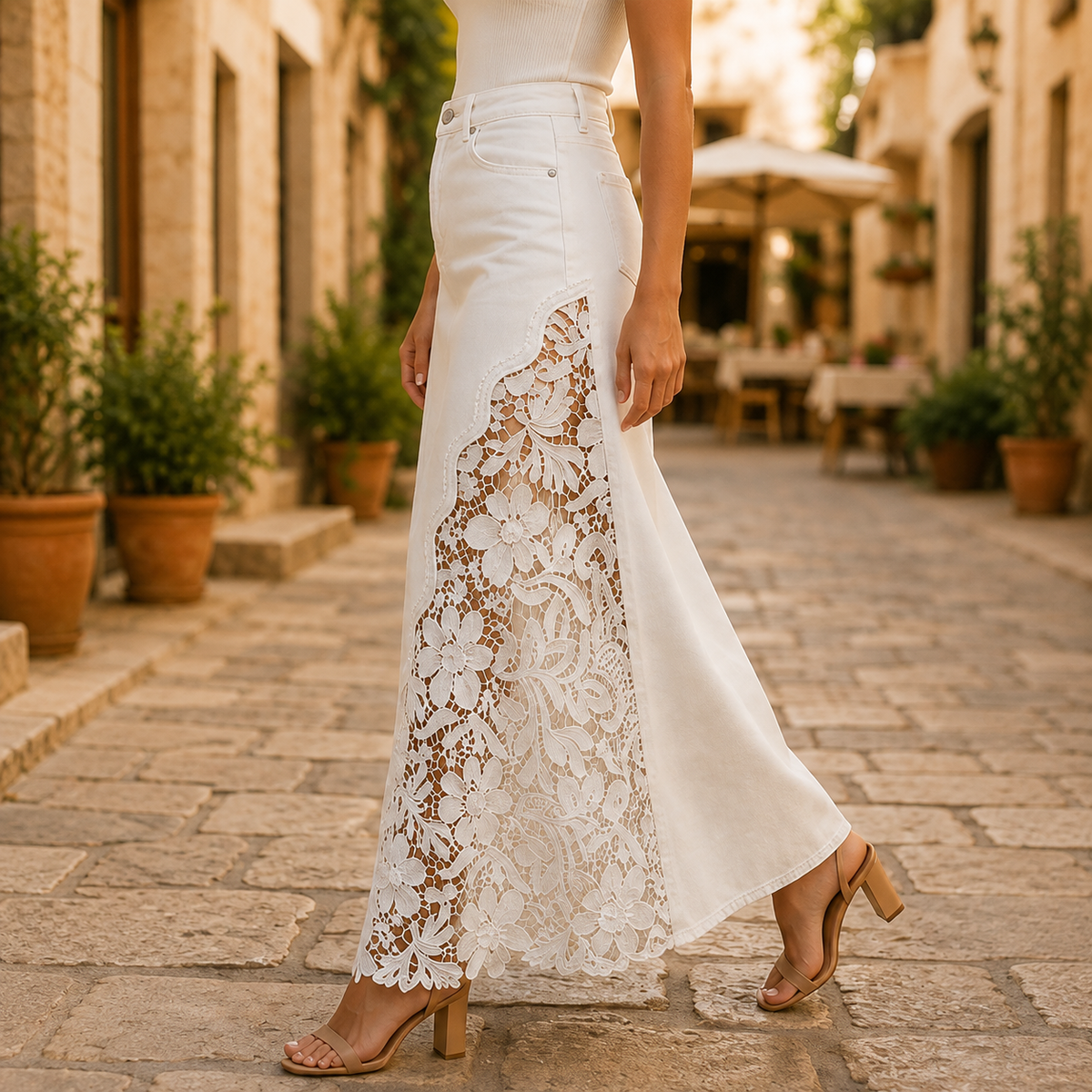 Solenne - Gonna lunga in denim con pizzo