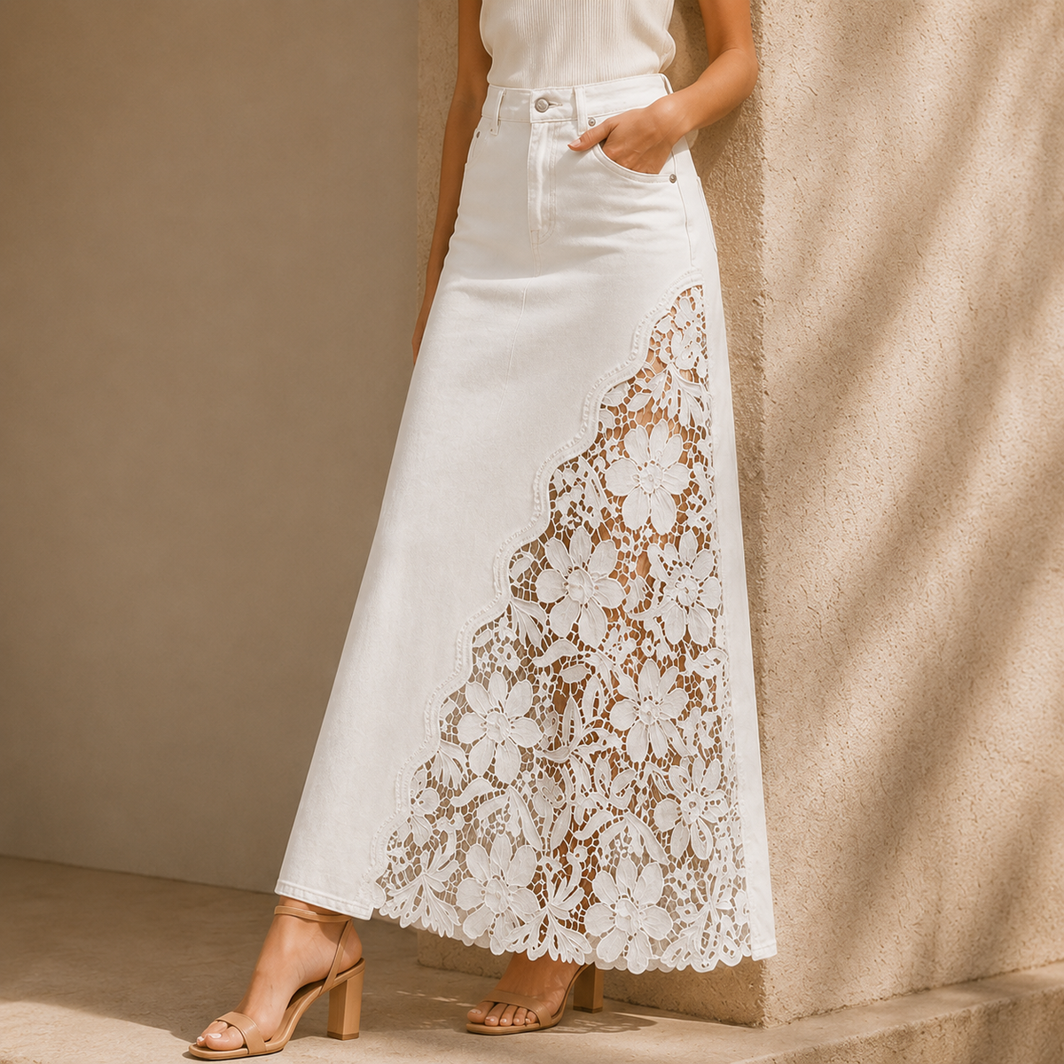Solenne - Gonna lunga in denim con pizzo