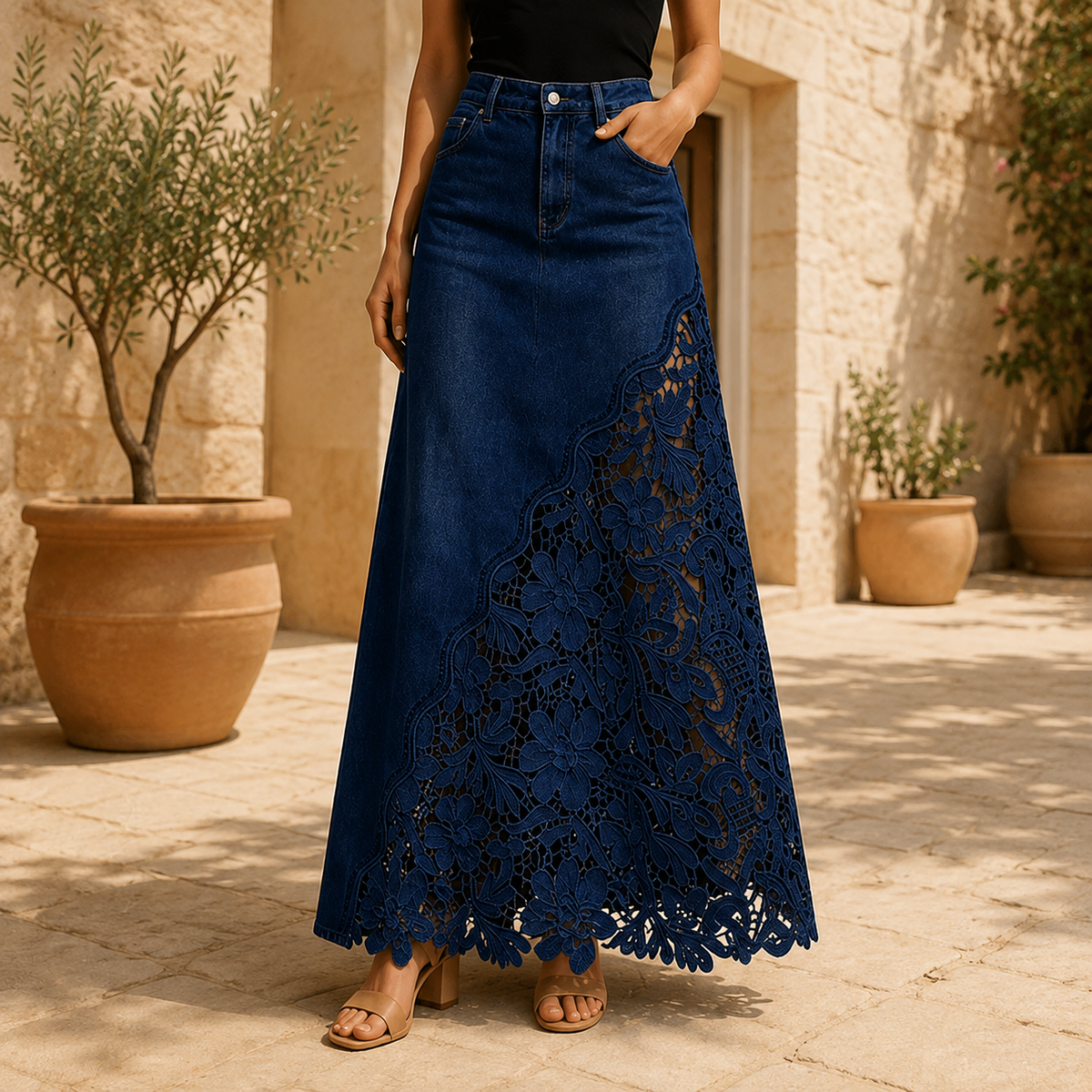 Solenne - Gonna lunga in denim con pizzo