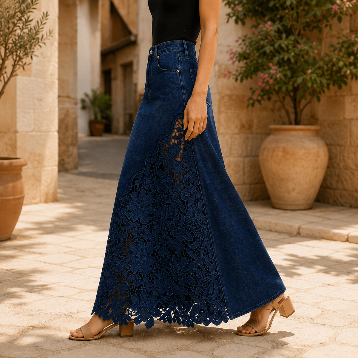 Solenne - Gonna lunga in denim con pizzo