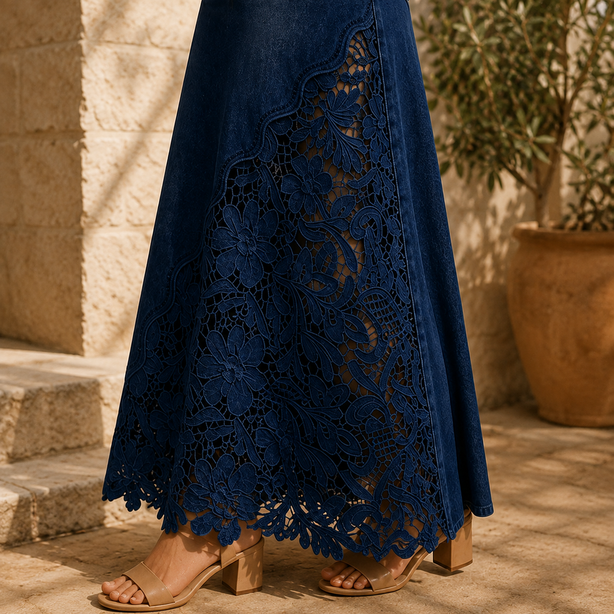 Solenne - Gonna lunga in denim con pizzo