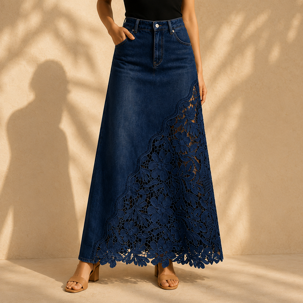 Solenne - Gonna lunga in denim con pizzo