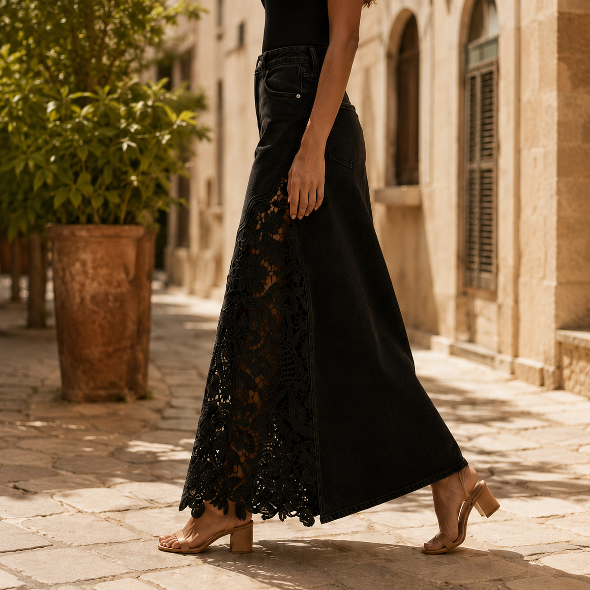 Solenne - Gonna lunga in denim con pizzo