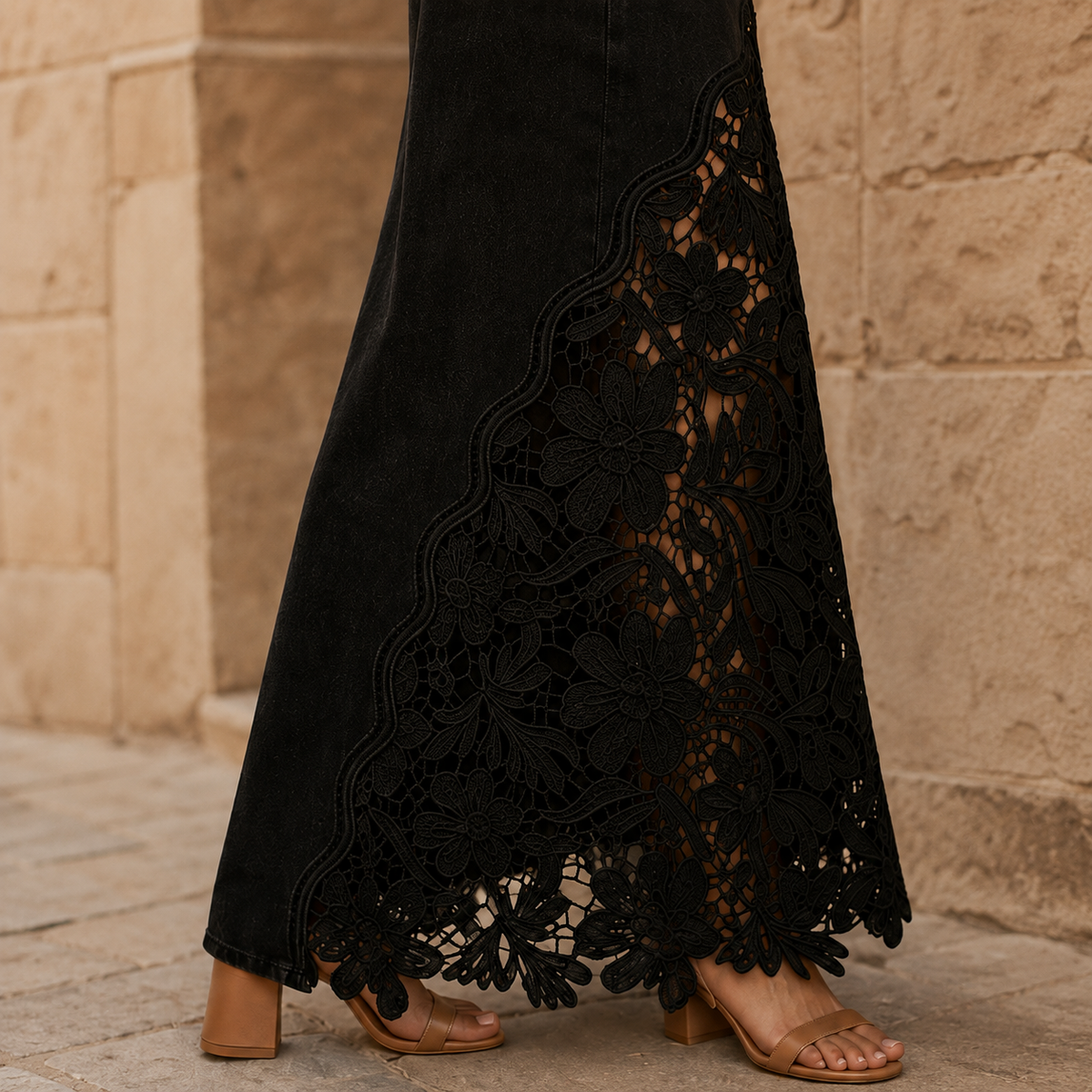 Solenne - Gonna lunga in denim con pizzo