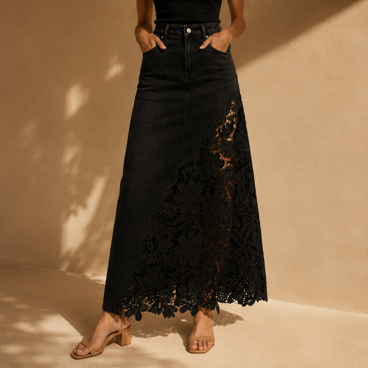 Solenne - Gonna lunga in denim con pizzo