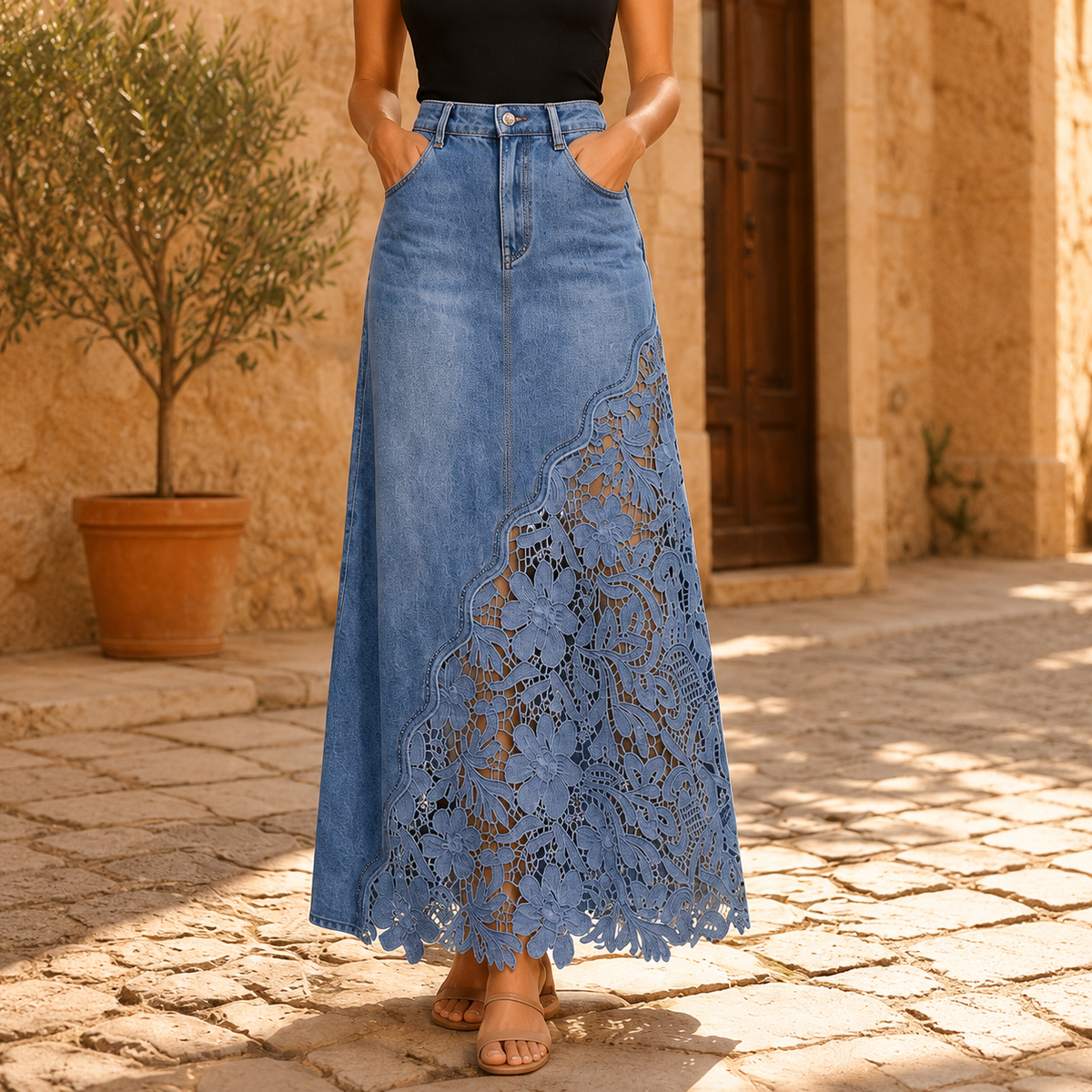 Solenne - Gonna lunga in denim con pizzo