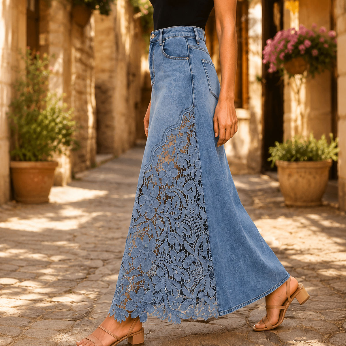 Solenne - Gonna lunga in denim con pizzo