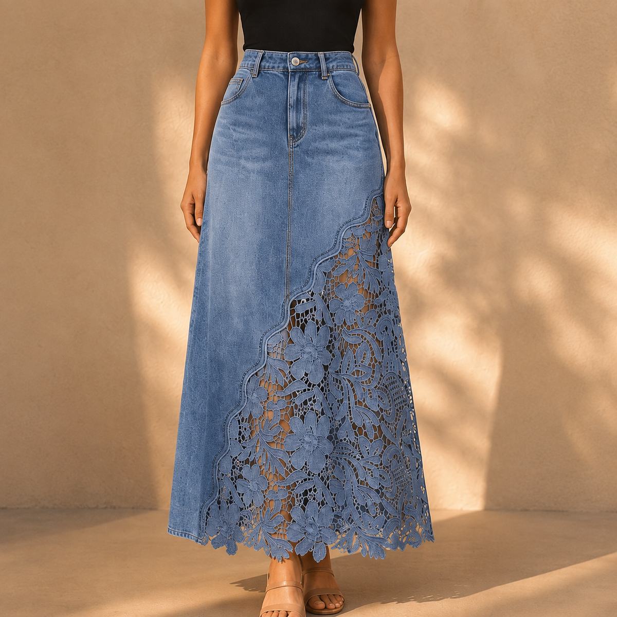 Solenne - Gonna lunga in denim con pizzo