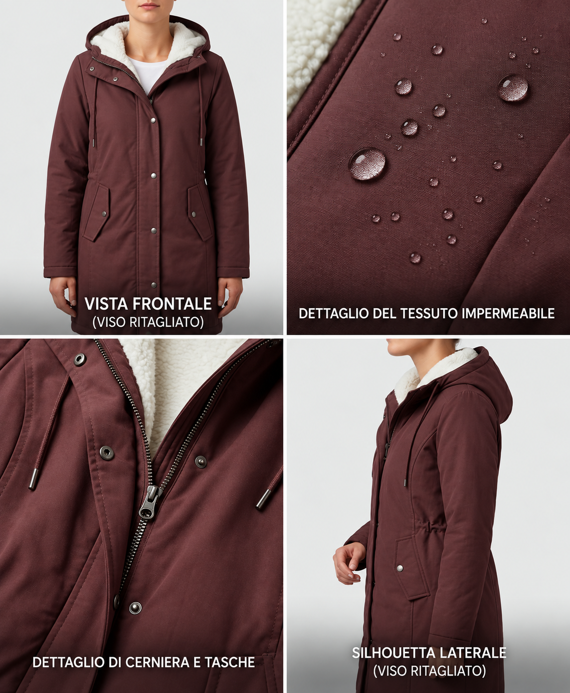 Carlotta - Cappotto Impermeabile Caldo con Cappuccio