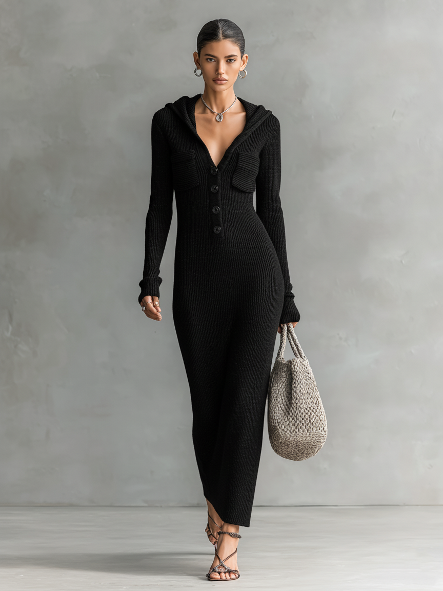 Abito lungo in maglia aderente con cappuccio da donna