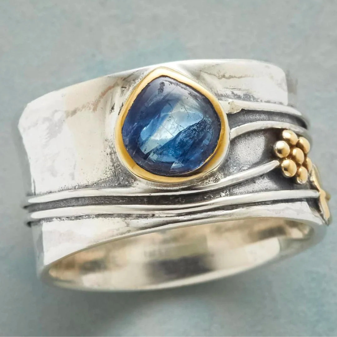 Inés - Anello Vintage con Zaffiro Blu in Argento Placcato Oro
