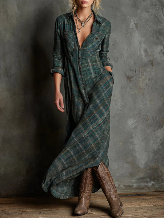 Isabella - Vestito Lungo a Camicia a Quadri Verdi con Collo a Revers e Monopetto