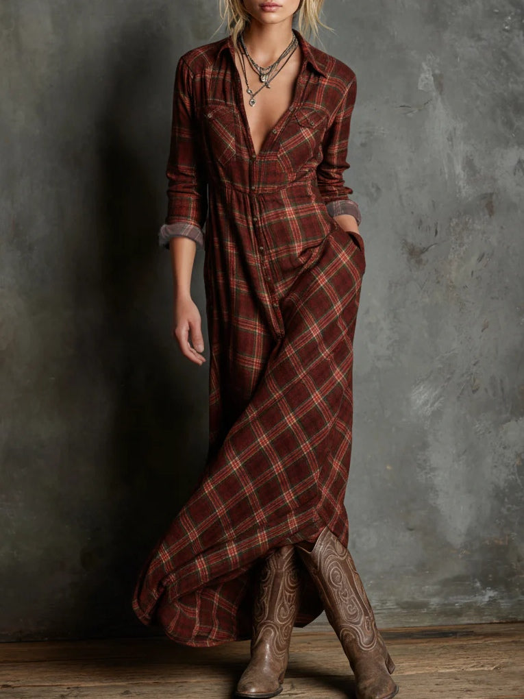 Isabella - Vestito Lungo a Camicia a Quadri Verdi con Collo a Revers e Monopetto