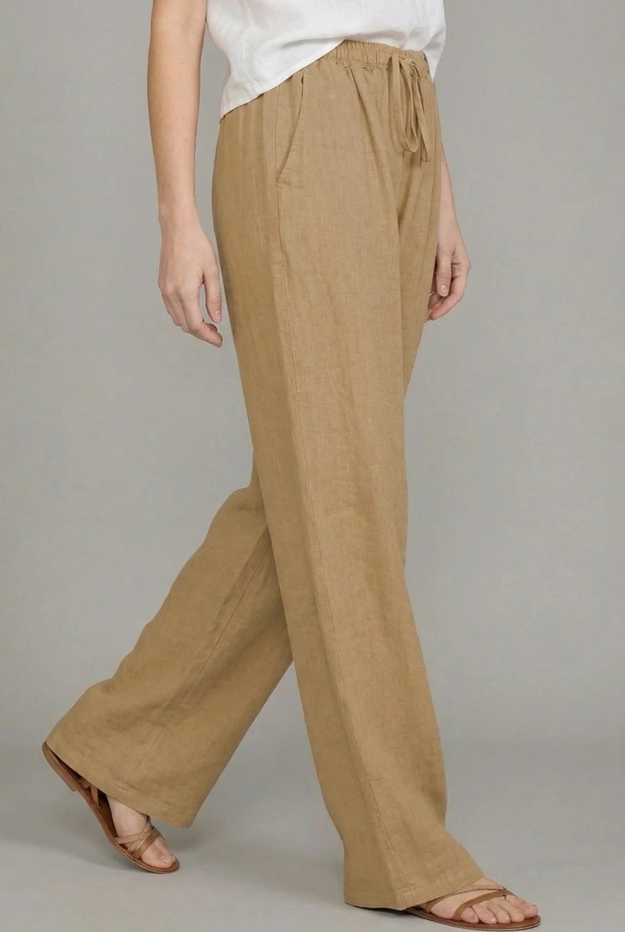 Abril | Pantaloni di lino a gamba larga da donna con cintura elastica e cordino