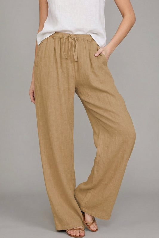 Abril | Pantaloni di lino a gamba larga da donna con cintura elastica e cordino