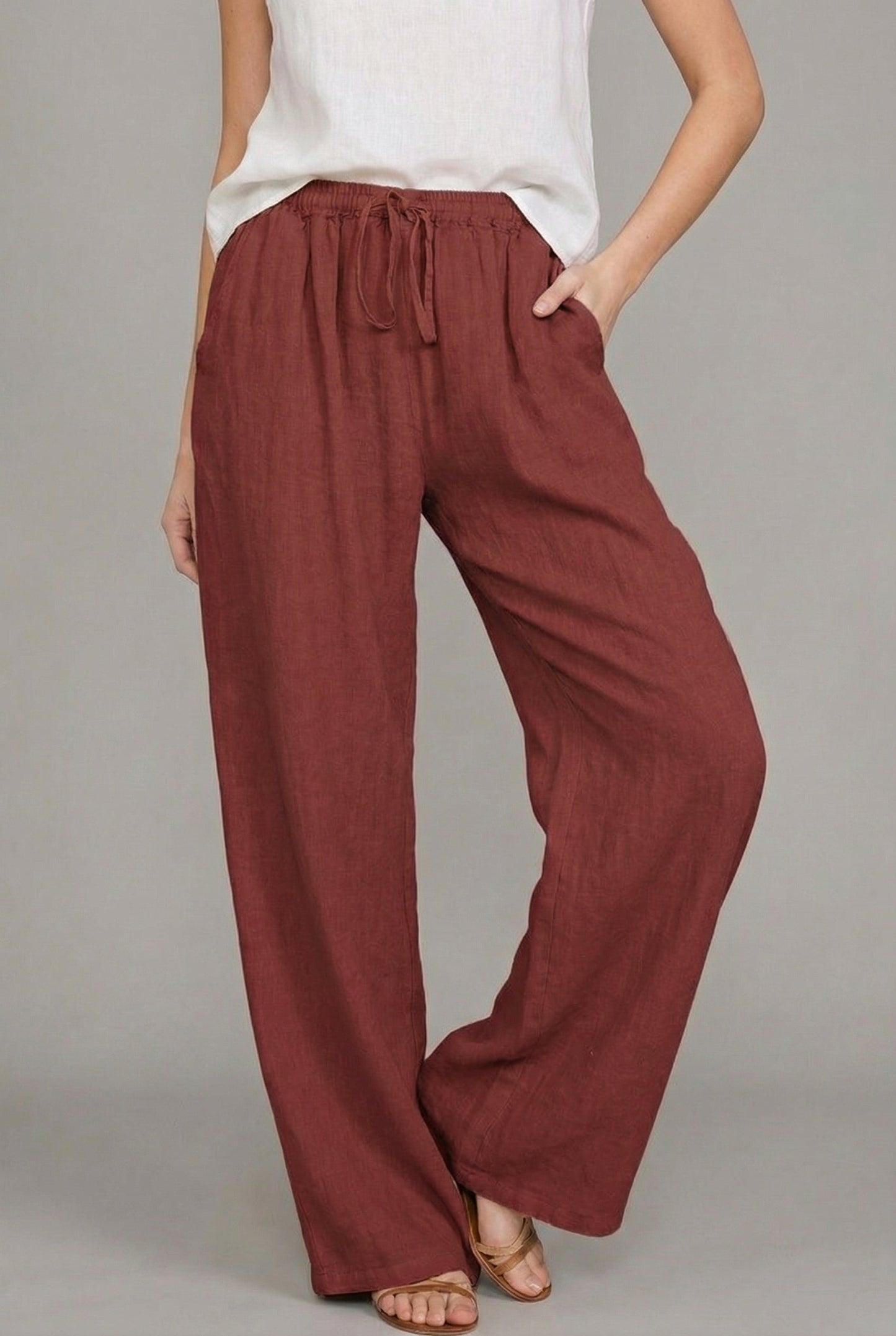 Abril | Pantaloni di lino a gamba larga da donna con cintura elastica e cordino