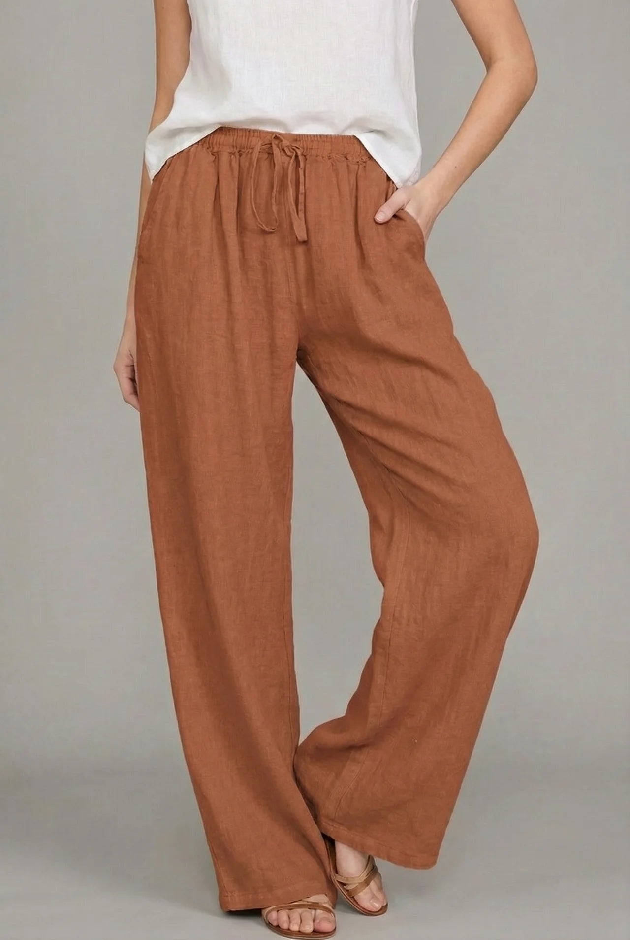 Abril | Pantaloni di lino a gamba larga da donna con cintura elastica e cordino