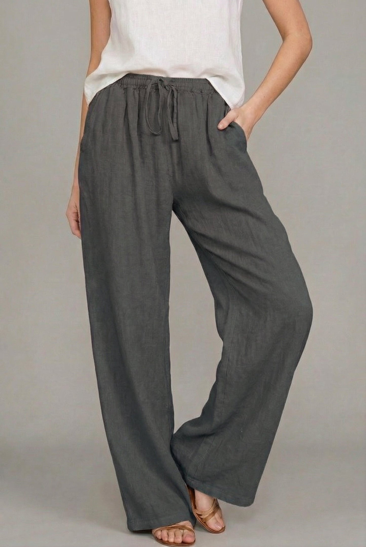 Abril | Pantaloni di lino a gamba larga da donna con cintura elastica e cordino