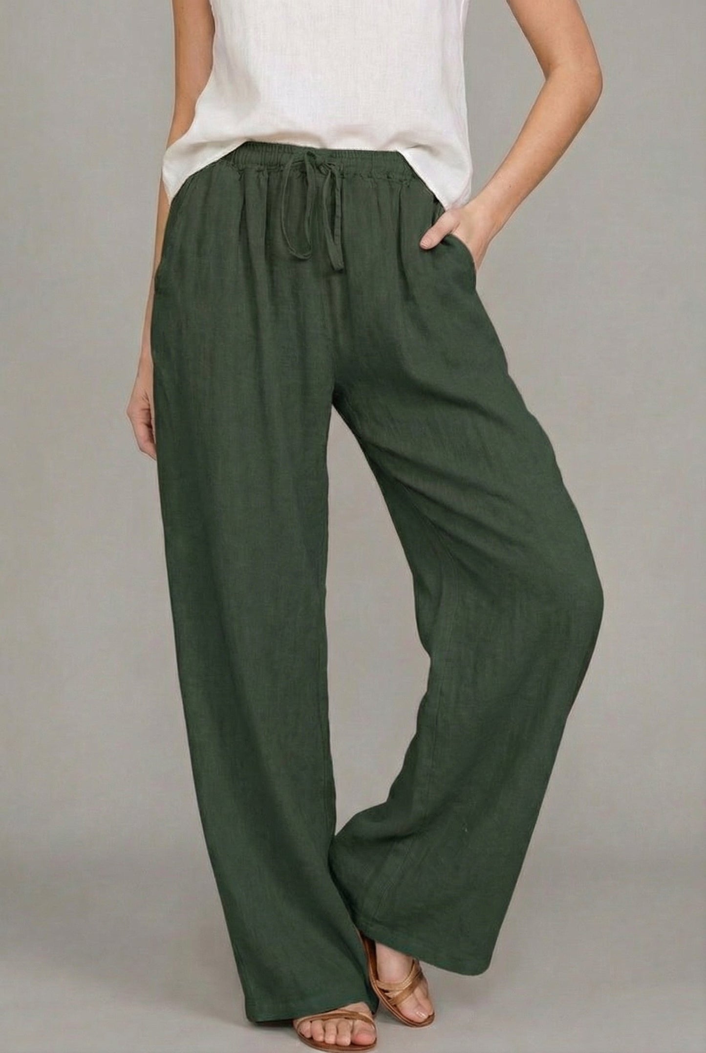 Abril | Pantaloni di lino a gamba larga da donna con cintura elastica e cordino