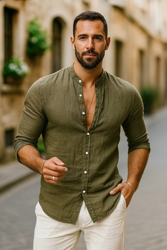 Gonzalo | Camicia di lino a maniche lunghe da uomo con collo Mao