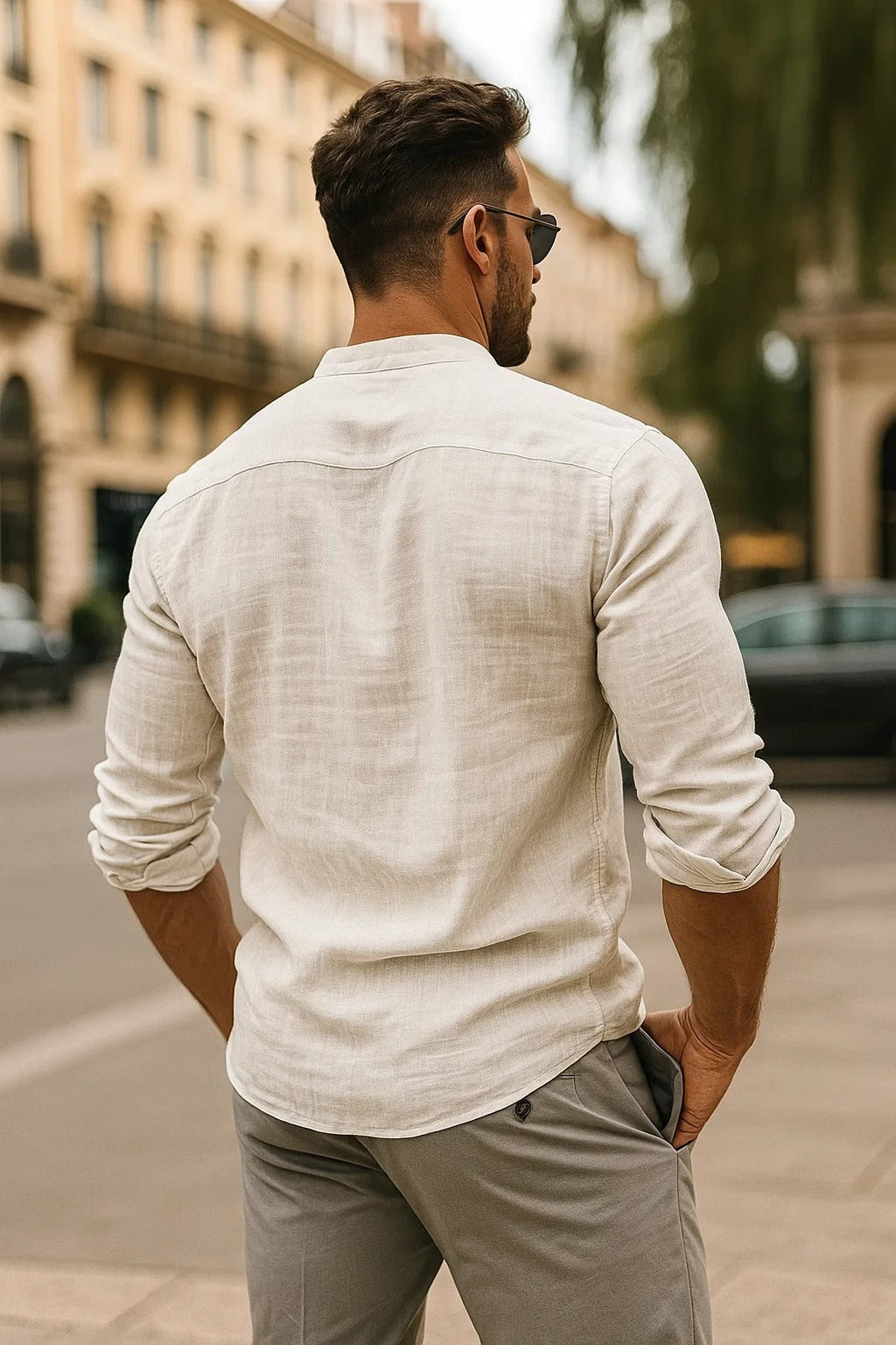 Gonzalo | Camicia di lino a maniche lunghe da uomo con collo Mao