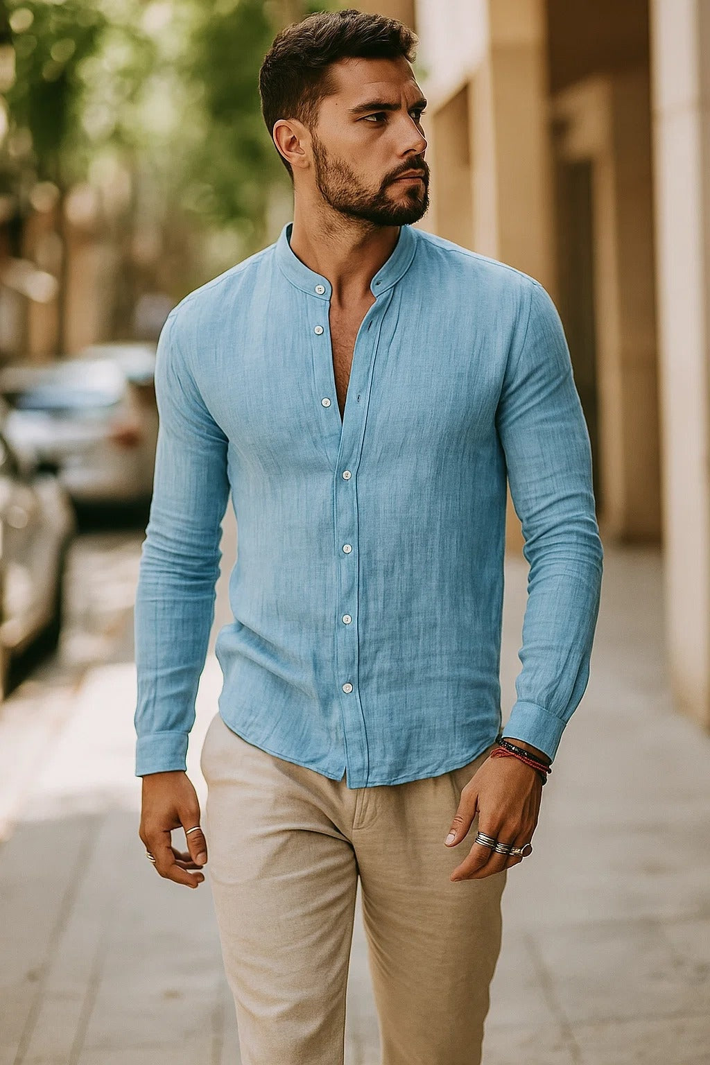 Gonzalo | Camicia di lino a maniche lunghe da uomo con collo Mao