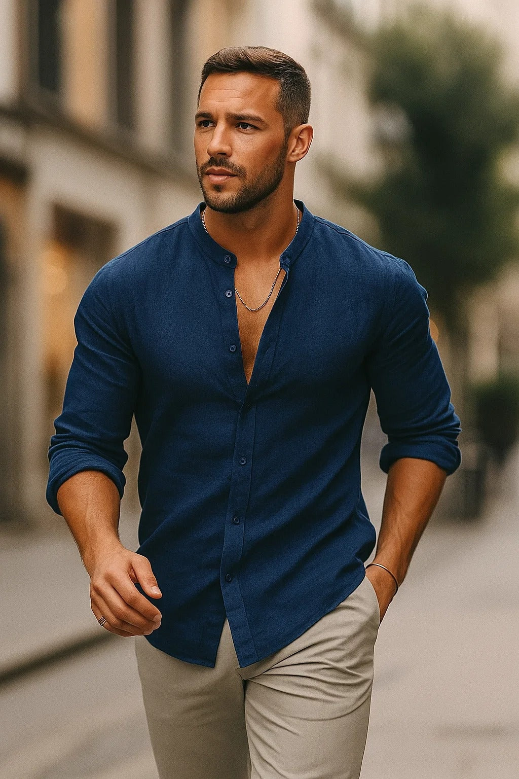 Gonzalo | Camicia di lino a maniche lunghe da uomo con collo Mao