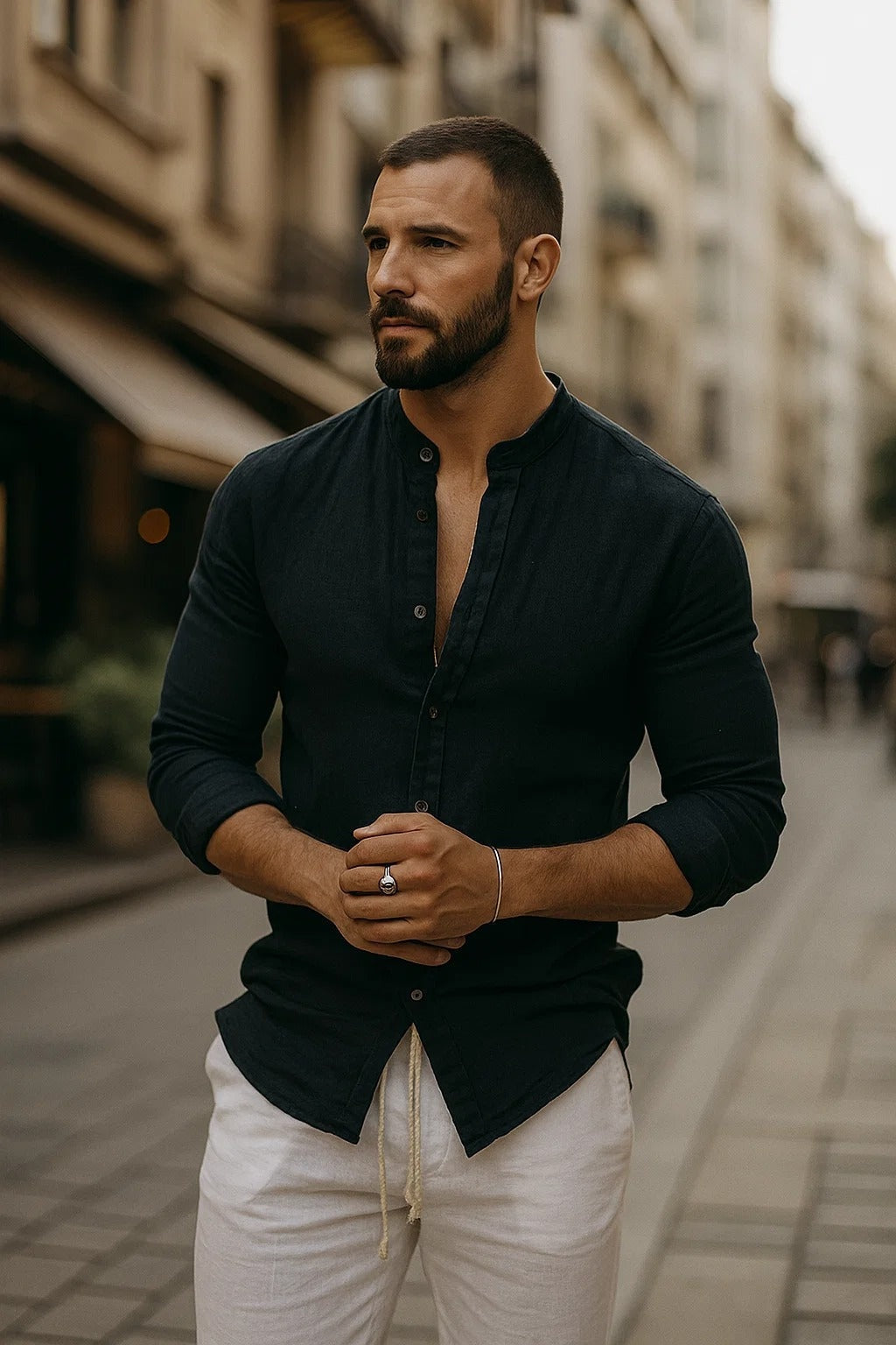 Gonzalo | Camicia di lino a maniche lunghe da uomo con collo Mao