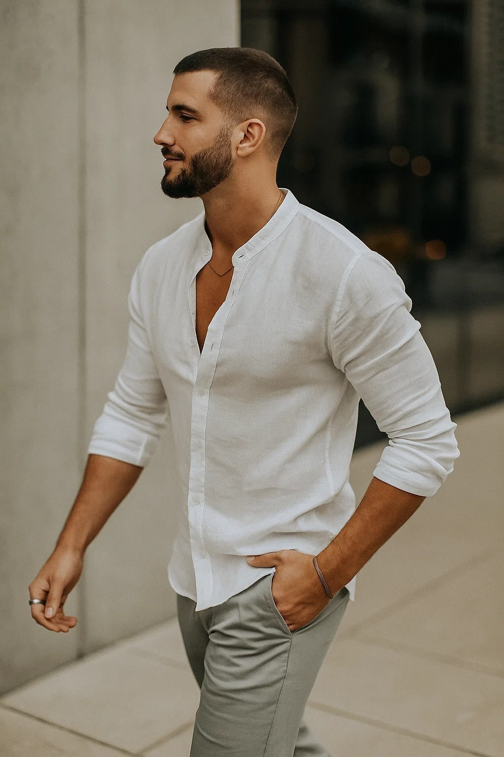 Gonzalo | Camicia di lino a maniche lunghe da uomo con collo Mao