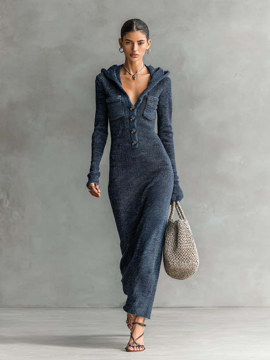 Abito lungo in maglia aderente con cappuccio da donna