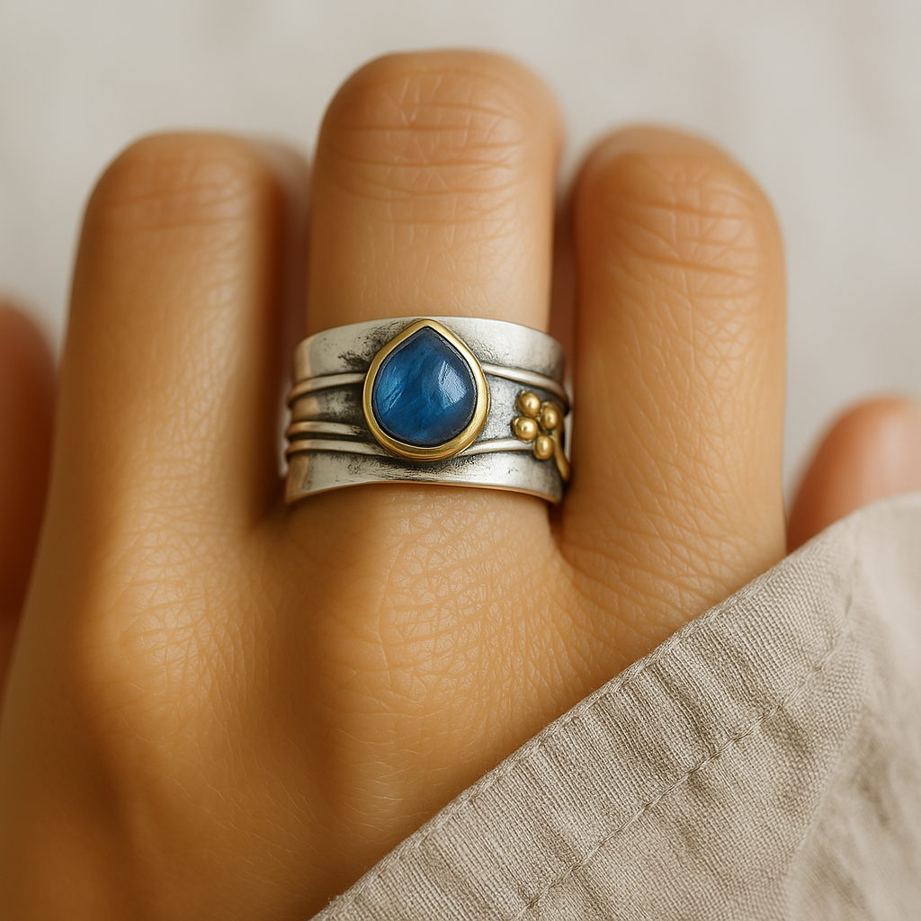Inés - Anello Vintage con Zaffiro Blu in Argento Placcato Oro