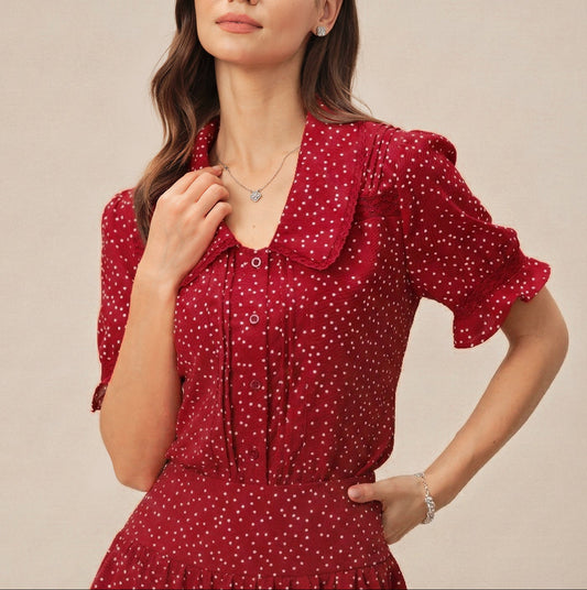 Alba - Vestito rosso con maniche a sbuffo e collo a pois